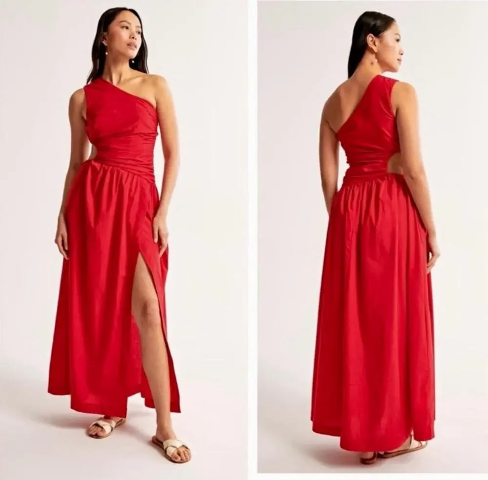 Abercrombie & Fitch Red One Shoulder Ruched Side Slit Maxi Dress Women’s XS Tall